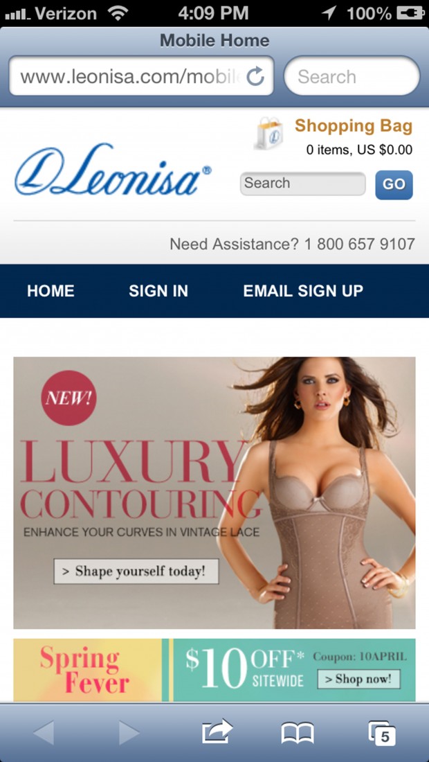 Site mobile da Leonisa para consumidores dos EUA