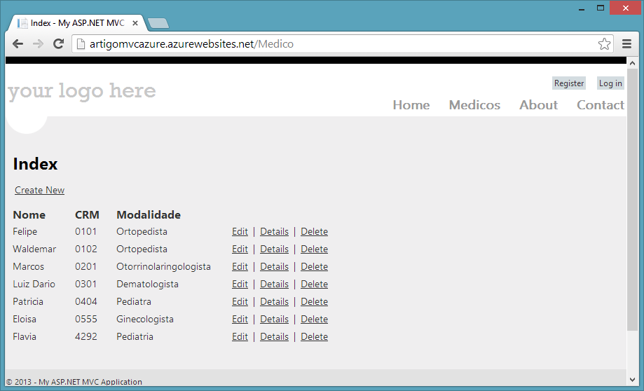 Figura 25 – Médicos cadastrados no Azure