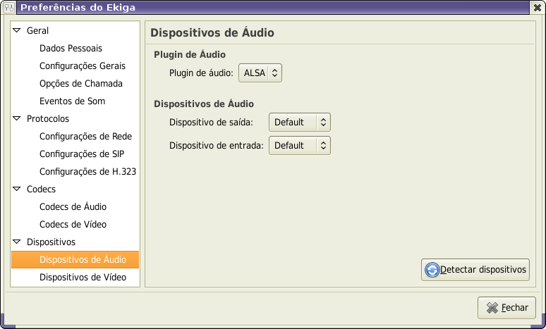 Dispositivos de áudio são fáceis de configurar no Ekiga.