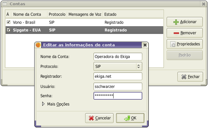 Configuração de uma conta de usuário com o Ekiga como operadora.