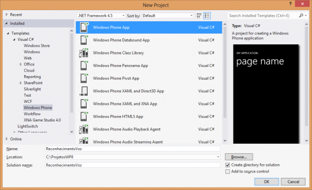 Figura 1 – Novo projeto de Windows Phone