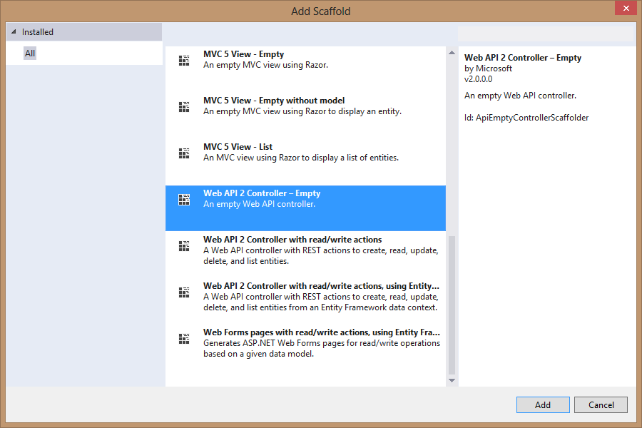 Figura 4 – Scaffold de Web API 2
