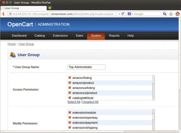 Figura 1: O administrador OpenCart adiciona funcionários a um grupo. As configurações de grupo definem os direitos de acesso e modificação de um usuário.
