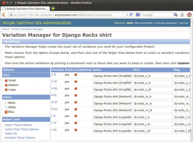 Figura 4: O Variation Manager no Satchmo ajuda o administrador a adicionar diferentes versões de produtos para a loja online.