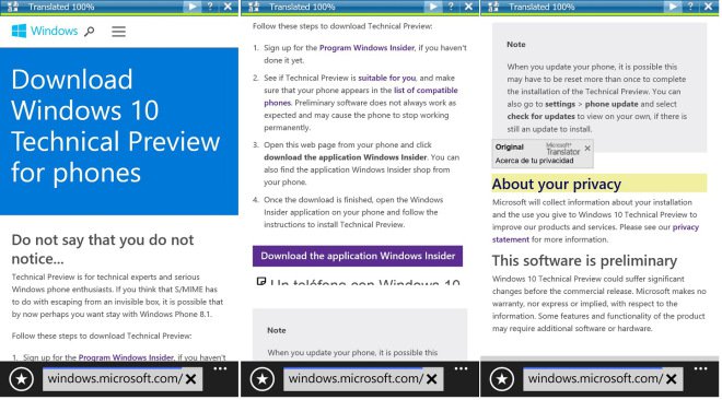 Página do Windows 10 Technical Preview para smartphones