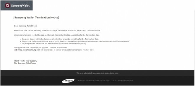 E-mail enviado pela Samsung a fim de notificar os usuários do Wallet sobre a descontinuação do serviço em 30 de junho. O conteúdo completo pode ser lido em português abaixo
