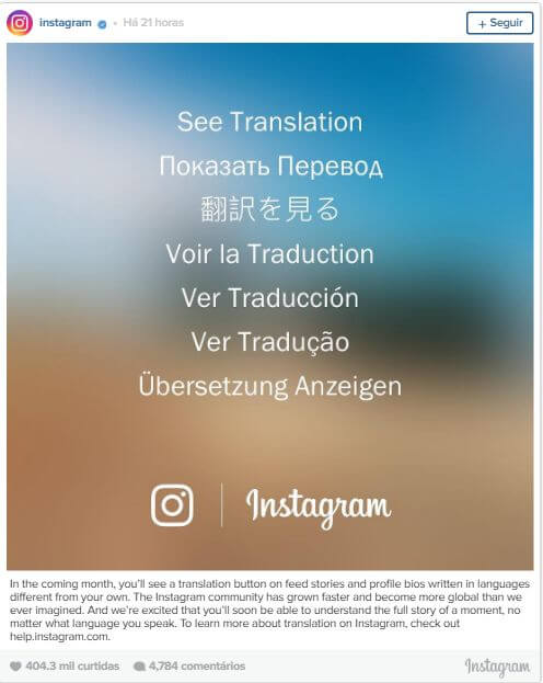 Atualização do Instagram trará botão de tradução automática