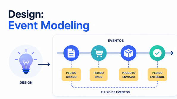 Infográfico sobre Event Modeling no design de sistemas, mostrando um fluxo de eventos com etapas como pedido criado, pedido pago, produto enviado e pedido entregue. A imagem utiliza elementos visuais modernos em azul e verde para representar modelagem orientada a eventos, fluxo de processos, linguagem compartilhada e alinhamento entre sistemas.