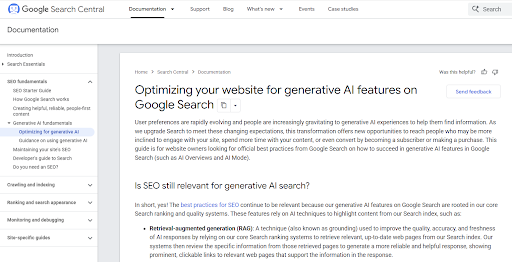 Captura de tela da documentação oficial do Google Search Central com o guia “Optimizing your website for generative AI features on Google Search”, que explica boas práticas de SEO para experiências de busca com inteligência artificial, incluindo AI Overviews e AI Mode.