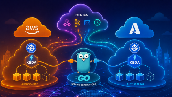 Ilustração conceitual em estilo futurista que representa uma arquitetura multicloud com escalonamento automático orientado a eventos. À esquerda, uma nuvem da AWS abriga um cluster Kubernetes com KEDA controlando o aumento e a redução de pods. À direita, uma estrutura equivalente representa a Azure. No centro, o mascote da linguagem Go simboliza um serviço de federação que conecta as duas nuvens. Acima, uma nuvem de eventos envia fluxos coloridos para ambos os ambientes, indicando que eventos acionam o autoscaling. O fundo escuro exibe um mapa-múndi estilizado e linhas luminosas que reforçam a ideia de conectividade global, distribuída e alta escalabilidade. Tons de laranja identificam a AWS, enquanto tons de azul representam a Azure, criando um contraste visual marcante.