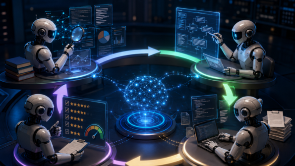 Ilustração futurista mostra quatro agentes de inteligência artificial trabalhando em um ciclo colaborativo. Cada robô ocupa uma estação diferente ao redor de um núcleo digital luminoso, conectado por setas circulares que representam um processo contínuo. Um agente analisa informações, outro planeja uma estratégia, um terceiro desenvolve código em um notebook e o último avalia os resultados em um painel de métricas. Telas holográficas com gráficos, diagramas e linhas de código reforçam a ideia de um sistema de múltiplos agentes que pesquisa, planeja, executa e revisa tarefas de forma autônoma em um loop de melhoria contínua.