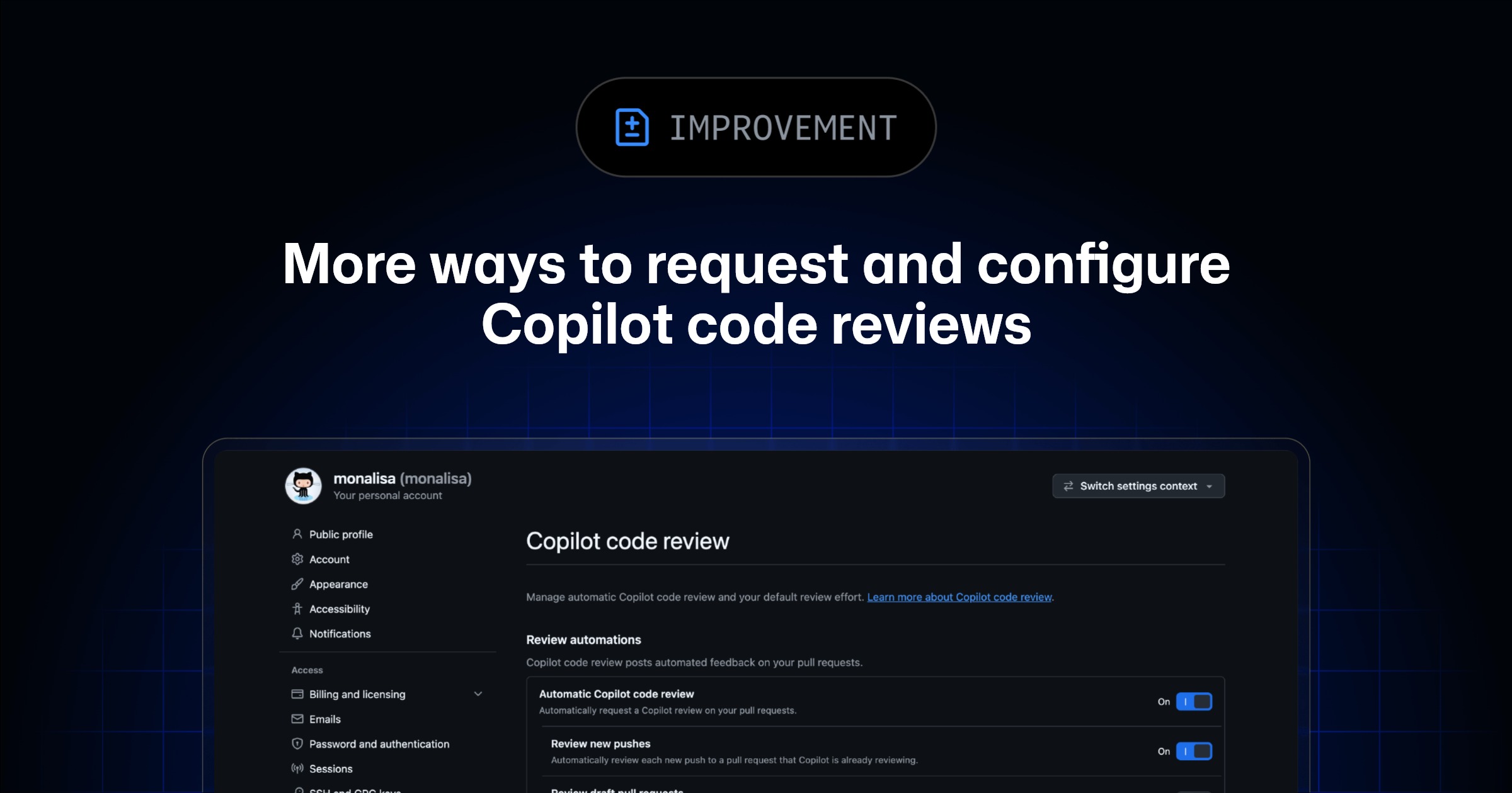 Página de configurações do perfil do GitHub exibe as opções de automação do Copilot code review, incluindo revisão automática e revisão de novos pushes em pull requests