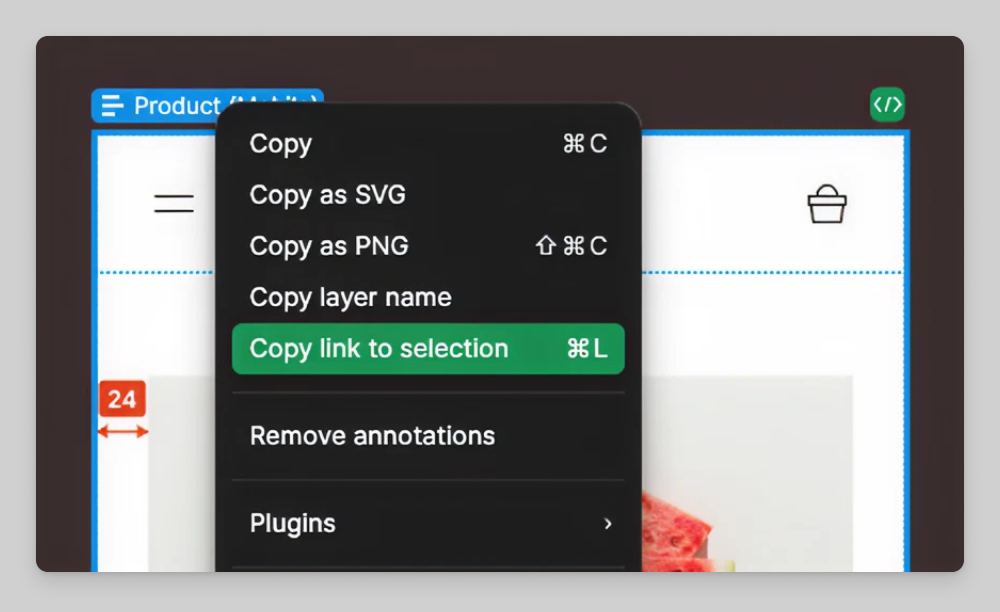 O menu de contexto do Figma destaca a opção 'Copy link to selection', usada para gerar o link de um nó no Dev Mode MCP Server