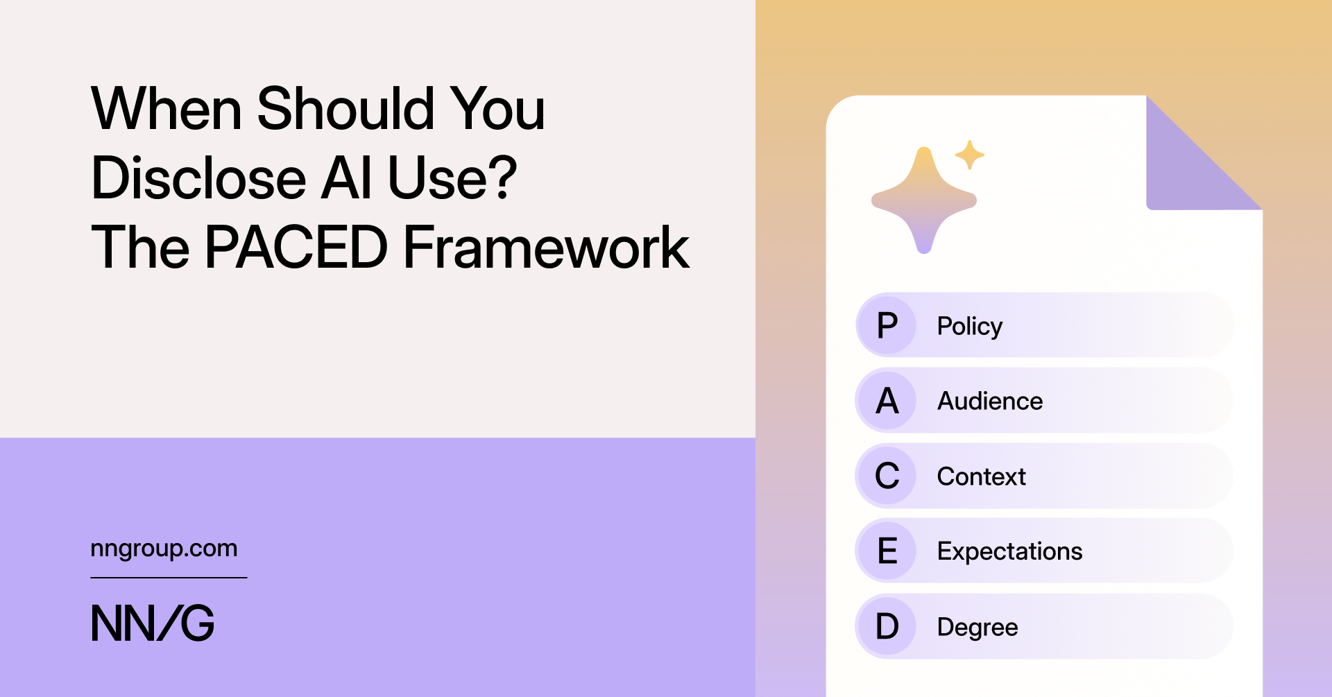 Diagrama do NN/G que detalha as cinco perguntas do framework PACED: Policy, Audience, Context, Expectations e Degree