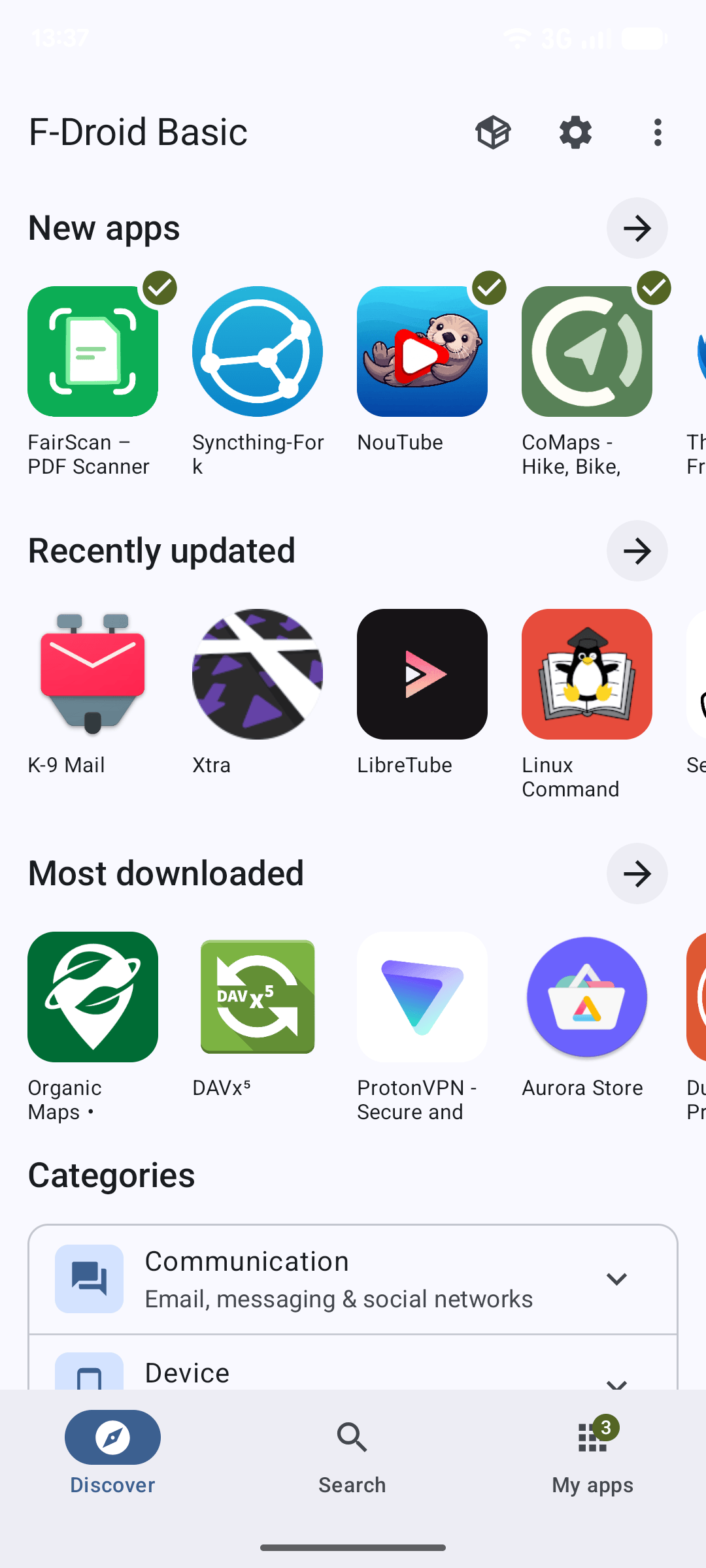 Tela inicial do F-Droid Basic exibindo as seções 'New apps', 'Recently updated' e 'Most downloaded' com ícones em estilo Material Design