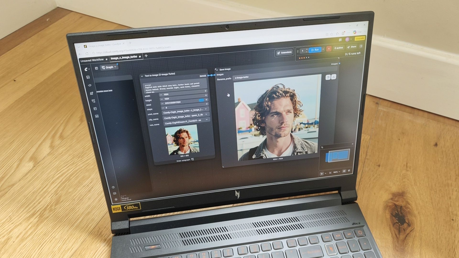 O notebook Acer Nitro V 16 AI exibe uma interface do ComfyUI rodando um fluxo de geração de imagem por IA na tela