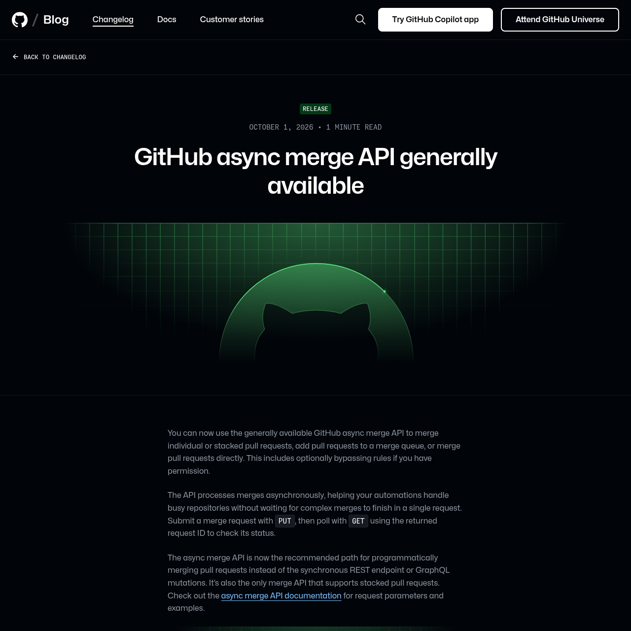 Página do changelog do GitHub anunciando a disponibilidade geral da API assíncrona de merge, com explicação do fluxo PUT e GET