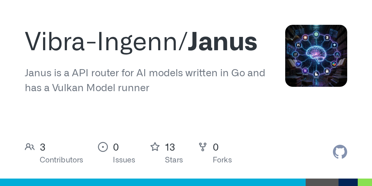 Card do repositório Janus no GitHub mostra a descrição do projeto como API router para modelos de IA em Go com Vulkan Model runner, além de 3 contribuidores e 13 estrelas