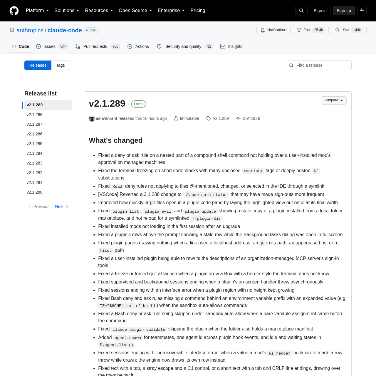 Página de releases do Claude Code no GitHub listando as versões v2.1.280 a v2.1.289, com o changelog detalhado da versão mais recente