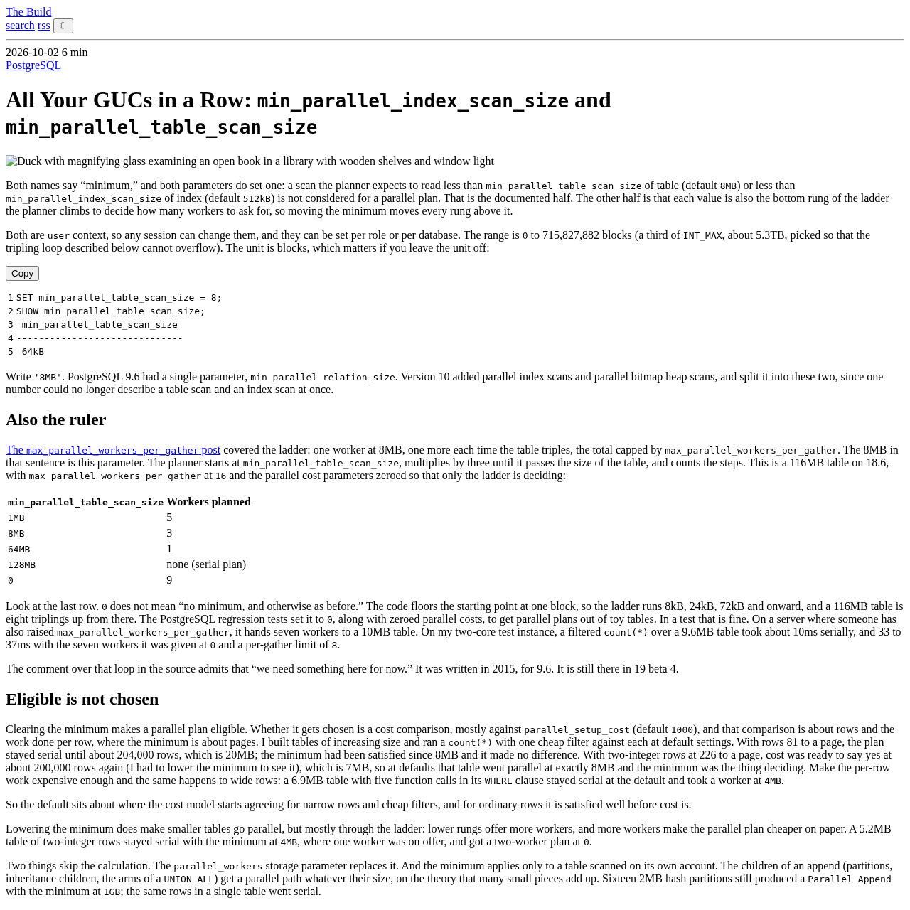 Tabela mostra quantos workers o planner concede para uma tabela de 116MB conforme min_parallel_table_scan_size sobe de 1MB a 128MB, incluindo o caso com o valor zerado