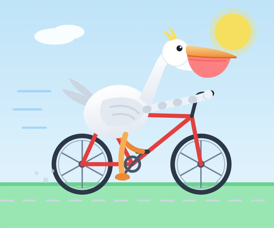 Desenho SVG gerado pelo modelo mostra um pelicano estilizado pedalando uma bicicleta vermelha sob um sol e nuvens