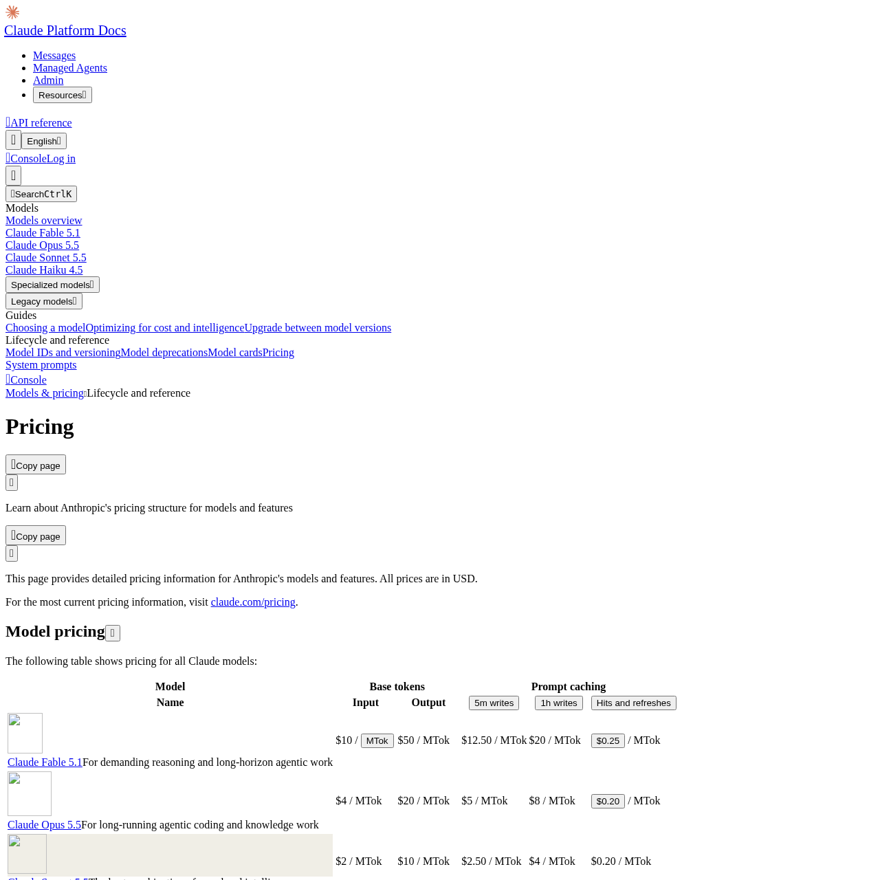 Official pricing table from Claude's documentation showing input, output, and cache values for the Fable 5.1 and Opus 5.5 models