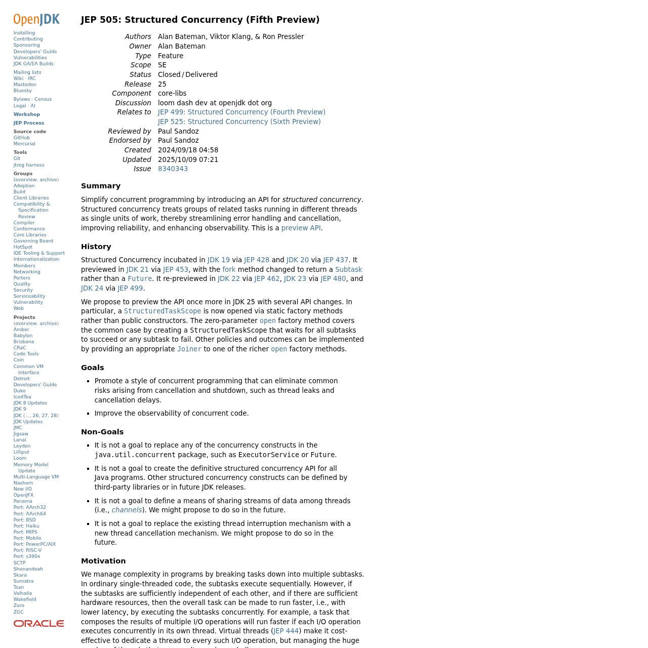 Página oficial do JEP 505 exibindo o status 'Fifth Preview' e o histórico de revisões do Structured Concurrency desde o JDK 19