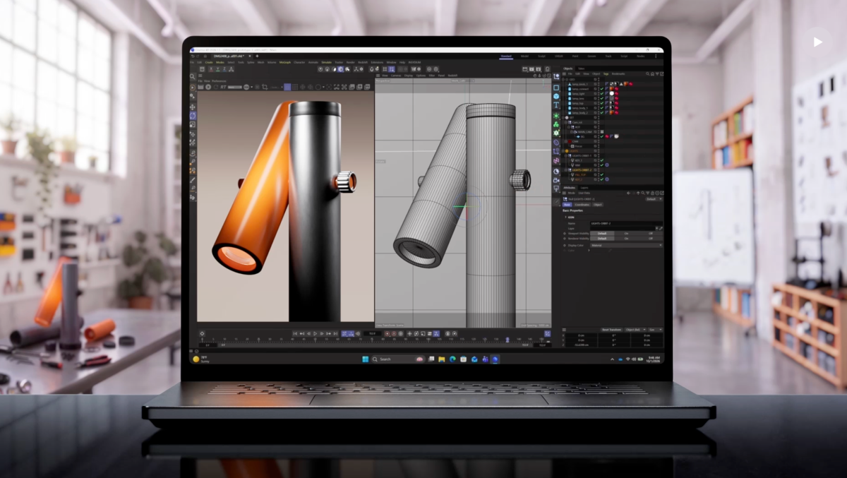 O Surface Laptop exibe na tela um software de modelagem 3D com um objeto cilíndrico renderizado e sua malha poligonal lado a lado