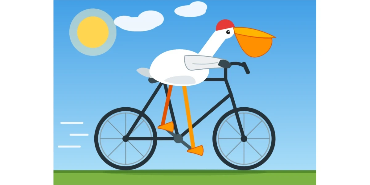 SVG gerado pela IA mostra um pelicano estilizado pedalando uma bicicleta, com sol e nuvens ao fundo