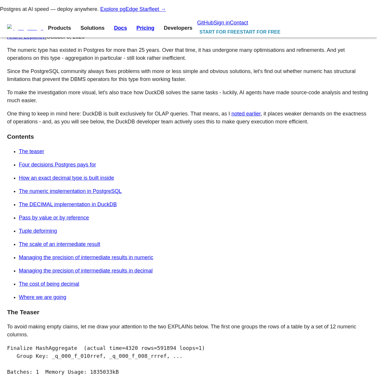 Trecho do EXPLAIN ANALYZE mostrando o HashAggregate com tempo de execução e uso de memória ao agrupar colunas do tipo numeric