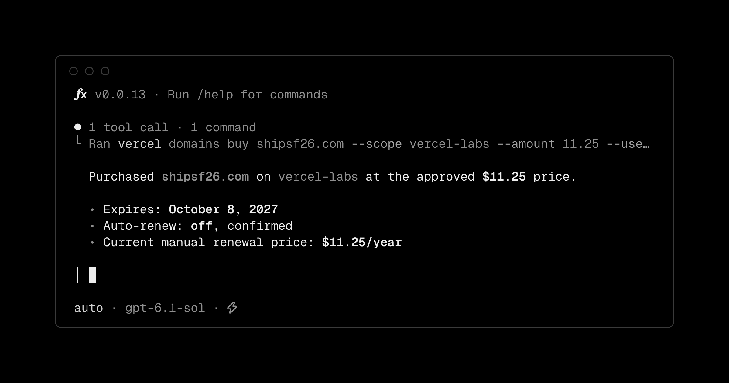O terminal exibe o comando vercel domains buy em execução, parte do fluxo de compra de domínio documentado no changelog da Vercel