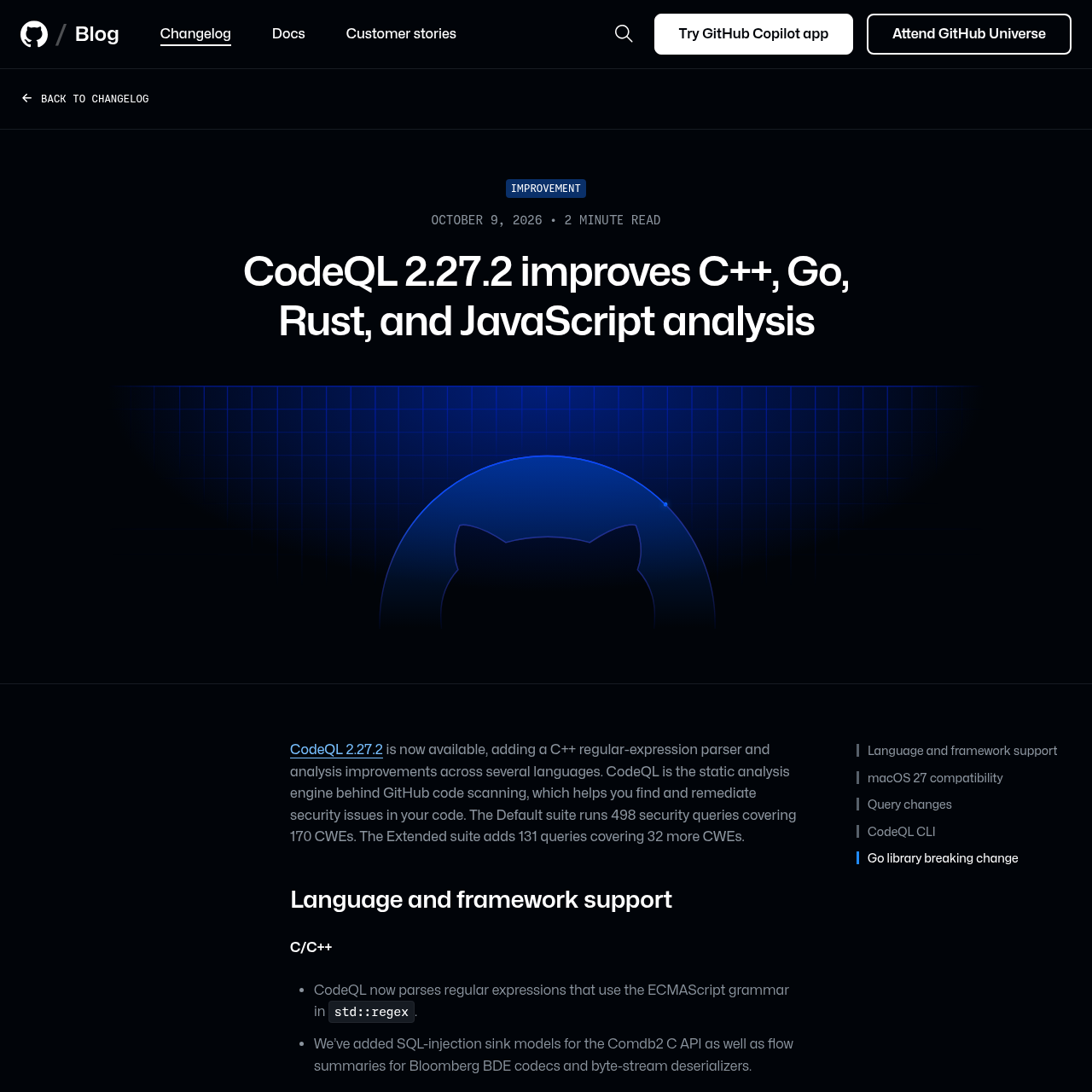 Página do changelog do GitHub anunciando a versão 2.27.2 do CodeQL, com a lista de melhorias em C/C++ na seção de suporte a linguagens
