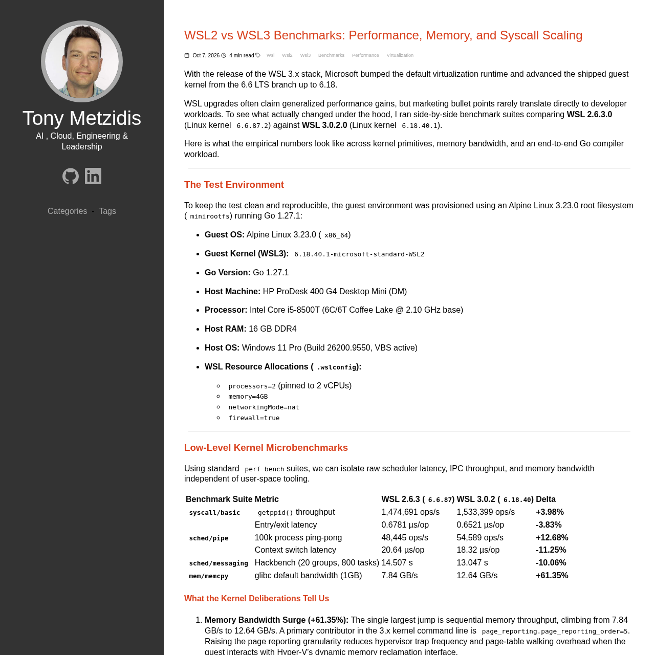 Table of kernel microbenchmarks comparing syscall latency, context switch, hackbench, and memory bandwidth between WSL 2.6.3 and WSL 3.0.2