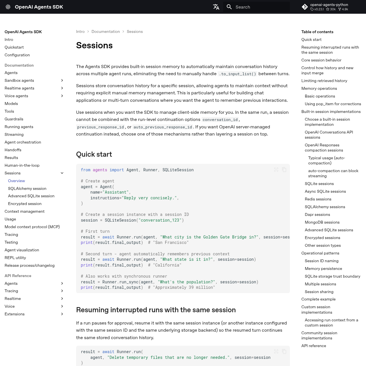 Página de documentação do OpenAI Agents SDK mostra o sumário com os tipos de sessão disponíveis, como SQLite, Redis, SQLAlchemy, Dapr e MongoDB, além de um exemplo de código usando SQLiteSession