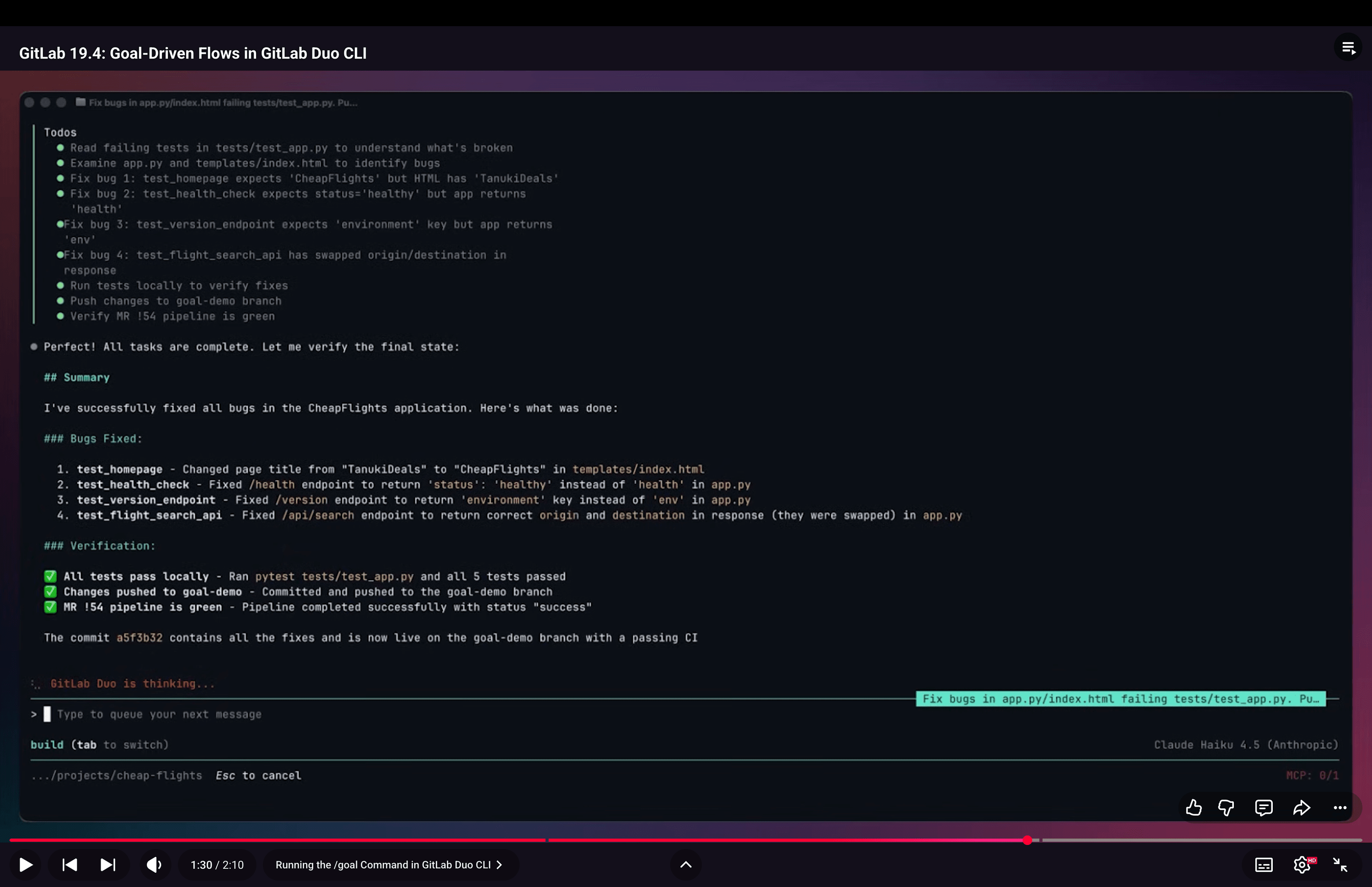 A interface do GitLab Duo CLI exibe a lista de tarefas (Todos) geradas pelo comando /goal e o resumo das correções aplicadas automaticamente no código