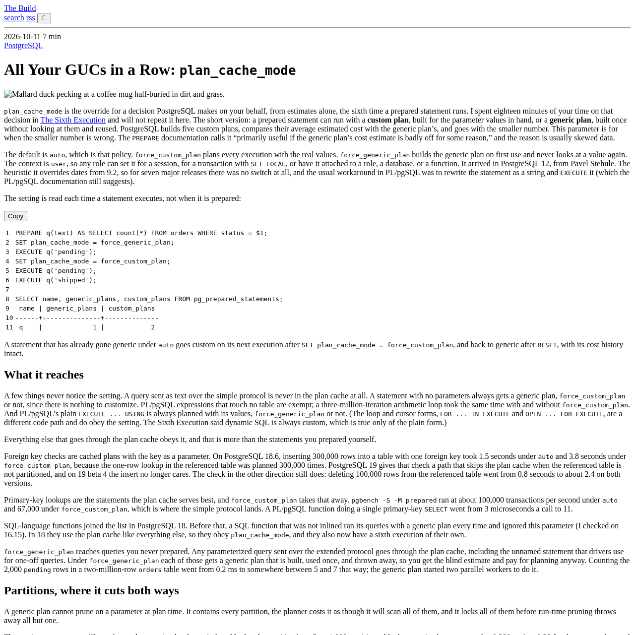 Artigo técnico explica o parâmetro plan_cache_mode do PostgreSQL, com exemplo de código mostrando planos genéricos versus customizados e tabela de pg_prepared_statements
