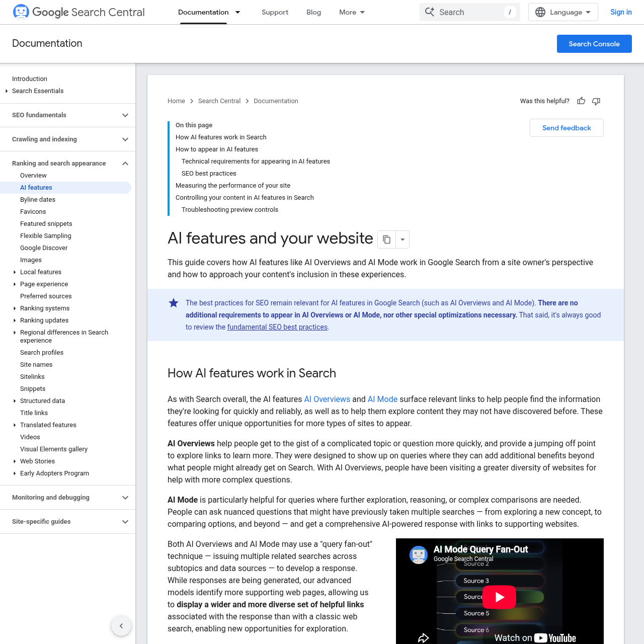 Trecho da documentação do Google Search Central destaca que não há requisitos técnicos adicionais para aparecer em AI Overviews ou no Modo IA