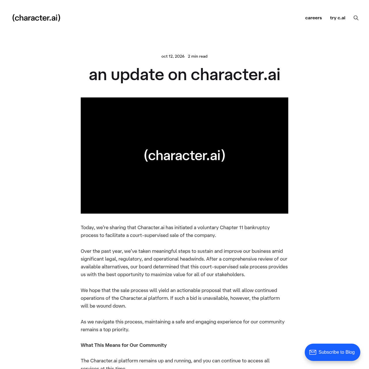 Screenshot of Character.AI's official blog with the statement announcing the Chapter 11 bankruptcy filing to facilitate a court-supervised sale