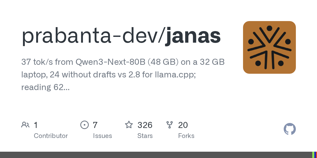 Card for the prabanta-dev/janas repository on GitHub, showing the project description and statistics of 326 stars, 20 forks and 7 issues