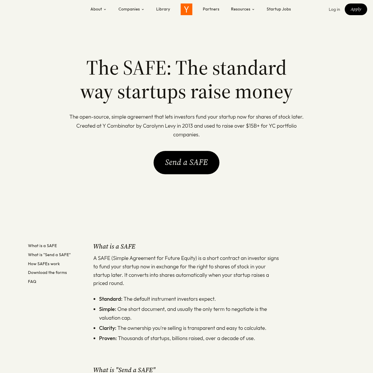 Página oficial da Y Combinator explicando o SAFE, com o botão 'Send a SAFE' e menu lateral para baixar os modelos do contrato