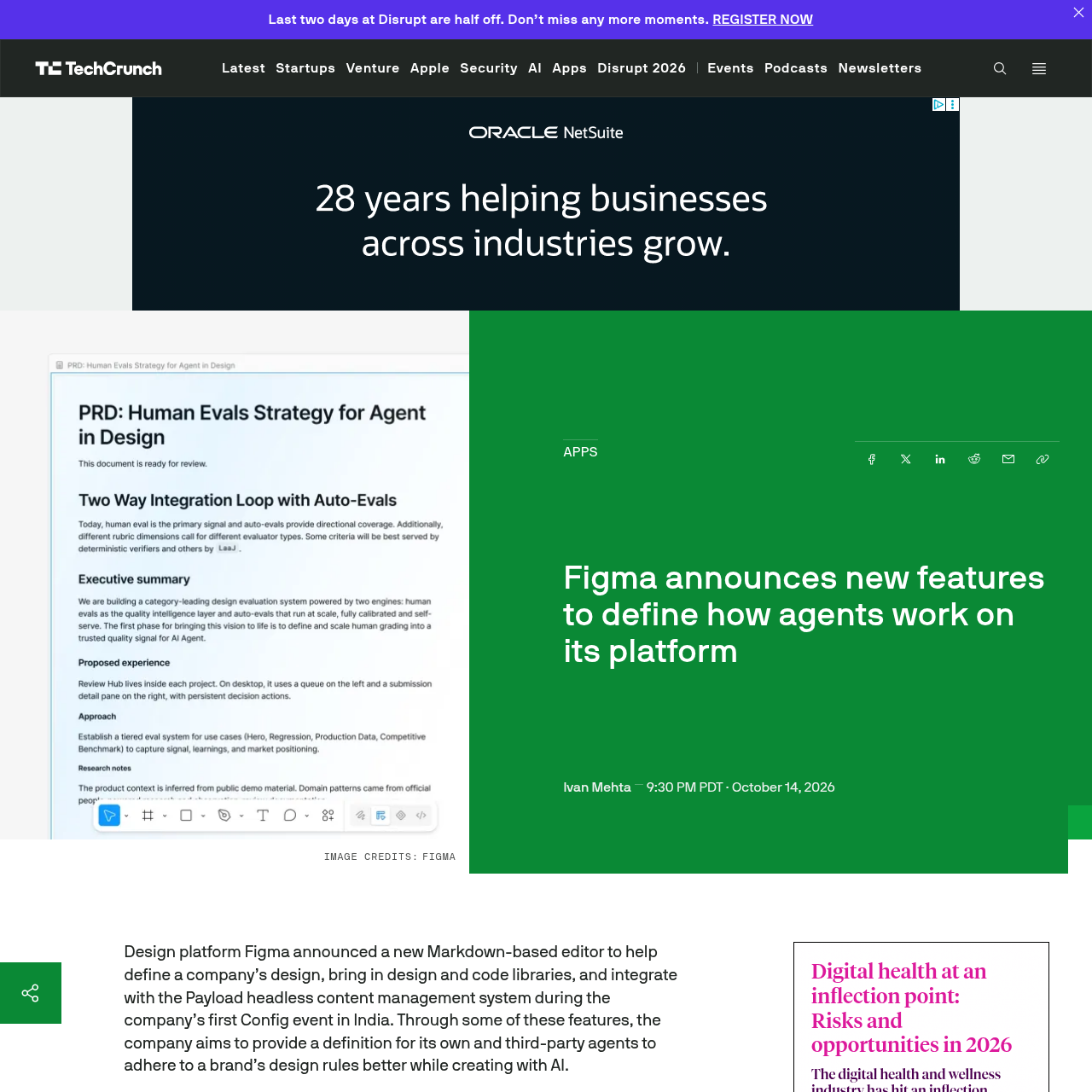 The Figma Specs editor displays a Markdown document detailing the human evaluation strategy for a design agent, with executive summary and experience proposal sections