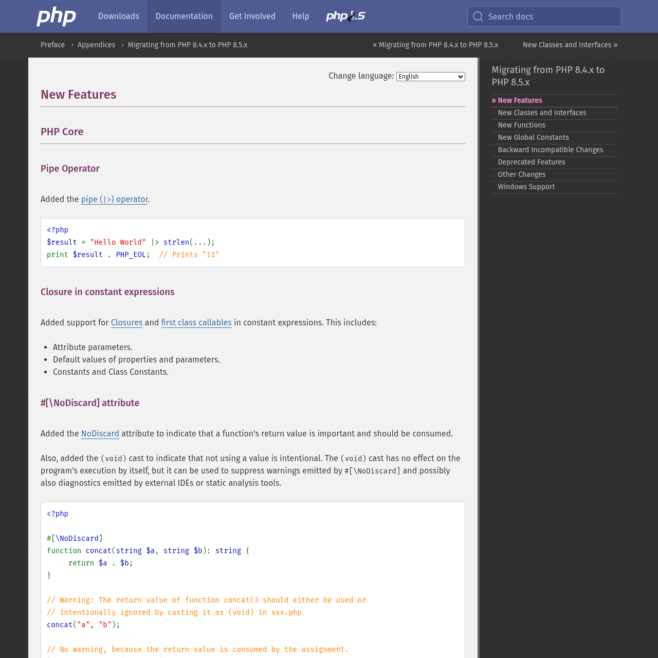 Página do manual do PHP exibindo a seção New Features do PHP 8.5 com exemplo de código do novo operador pipe (|>)