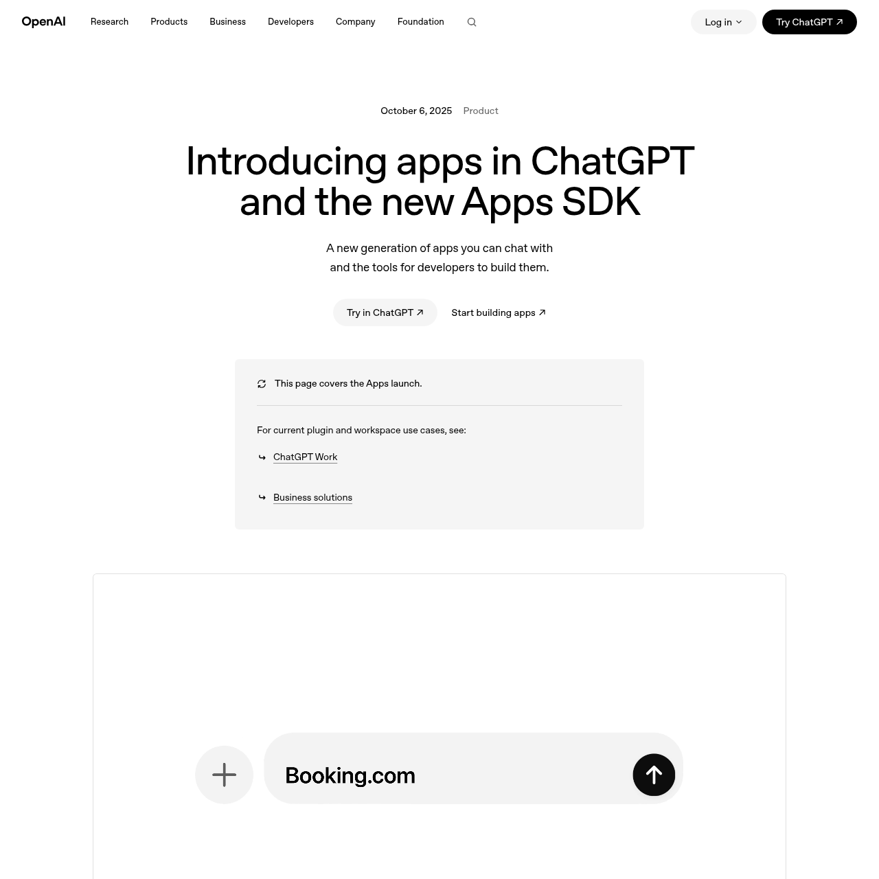 The ChatGPT Apps announcement page shows the Booking.com app integrated directly into the ChatGPT conversation box
