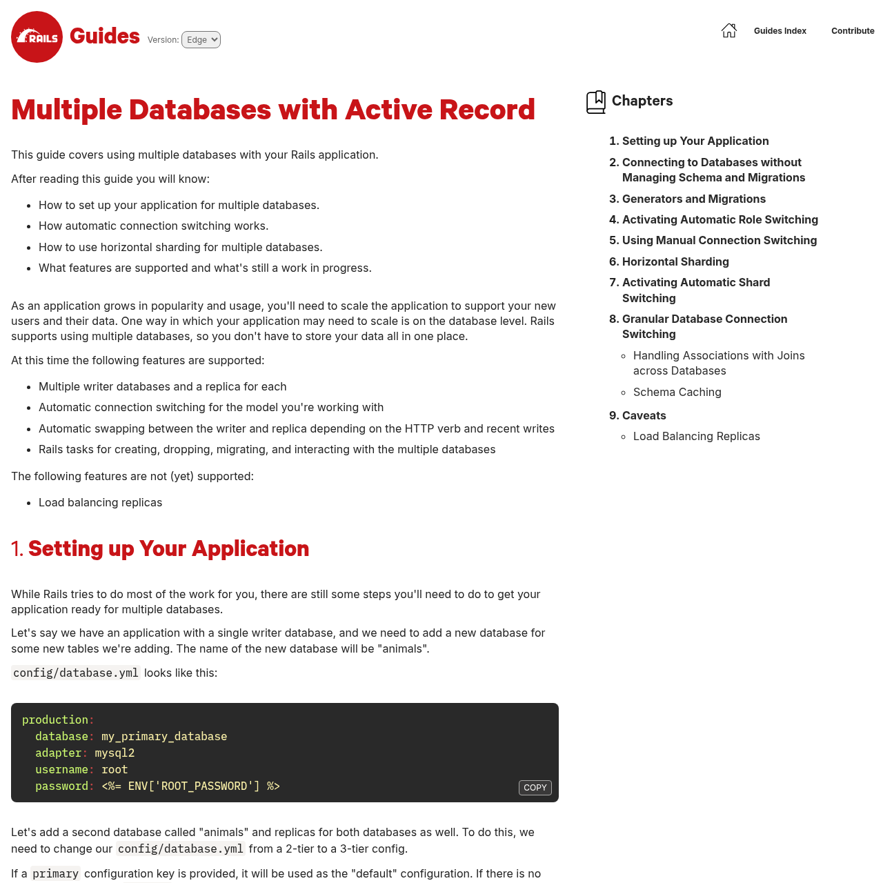 Official Rails documentation page about multiple databases, showing the chapter index and an example configuration of the database.yml file