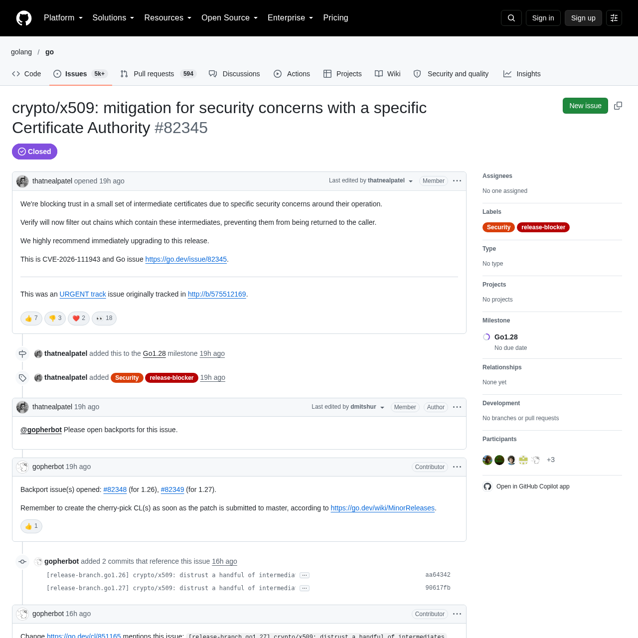 Issue #82345 do repositório golang/go descreve o bloqueio de confiança em certificados intermediários de uma Autoridade Certificadora por preocupações de segurança