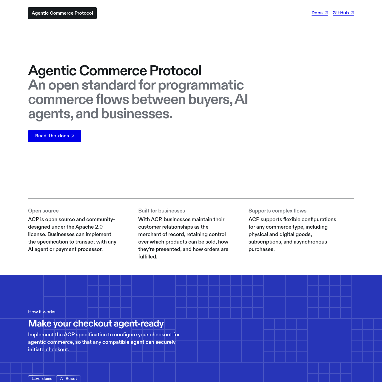 A página inicial do Agentic Commerce Protocol descreve que o vendedor mantém o papel de merchant of record, controlando produtos, apresentação e cumprimento dos pedidos