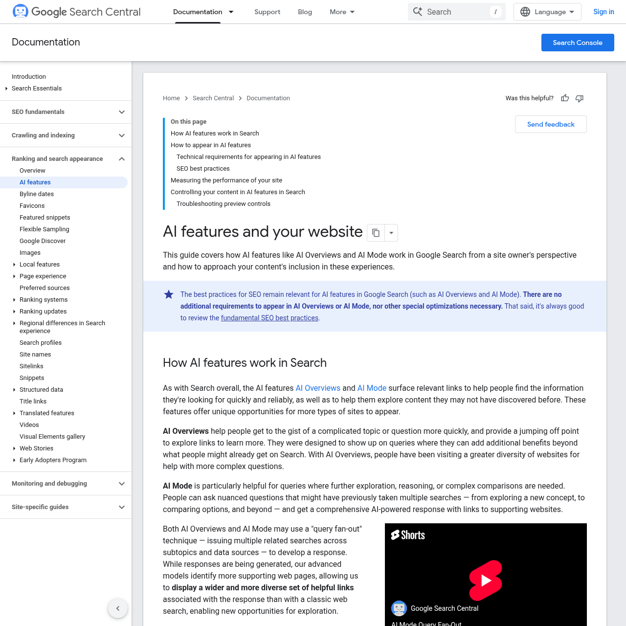 The Google Search Central documentation page explains that there are no additional technical requirements to appear in AI Overviews or AI Mode, beyond the fundamental SEO best practices