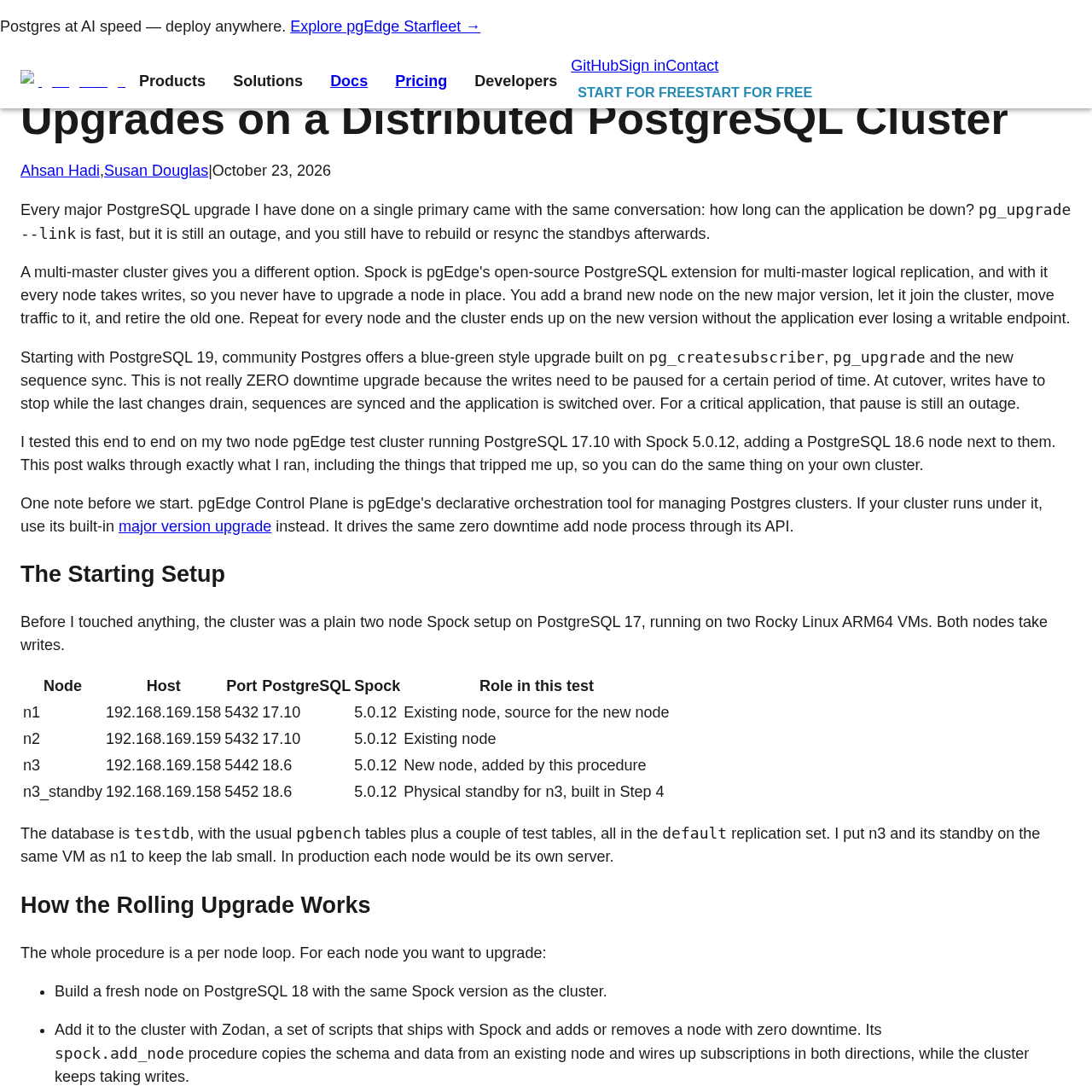 Article table details the nodes n1, n2, n3, and n3_standby of the Spock cluster, with host, port, PostgreSQL and Spock versions, and the role of each node in the upgrade test