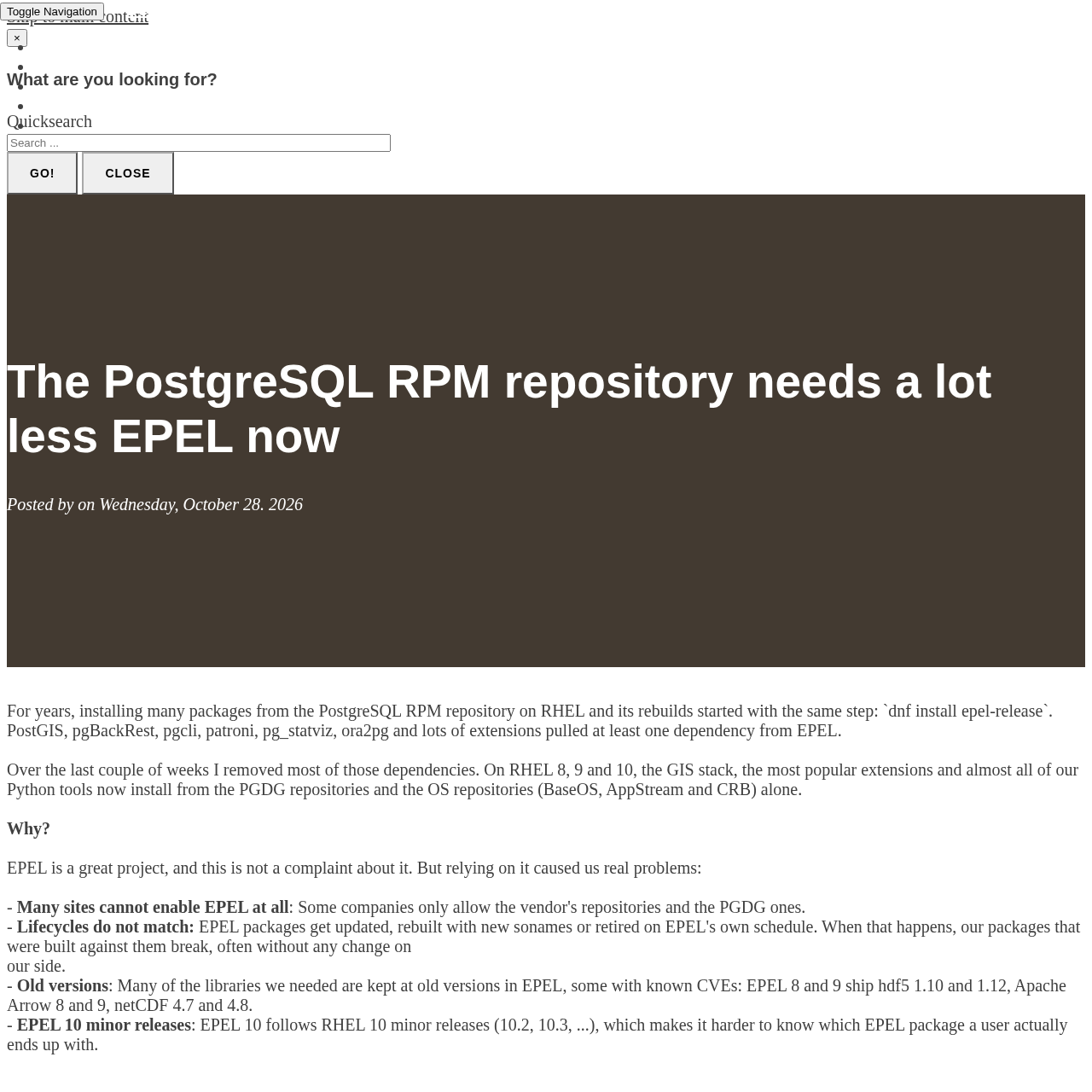 Trecho do post de Devrim Gündüz explicando por que o repositório RPM do PostgreSQL passou a depender muito menos do EPEL