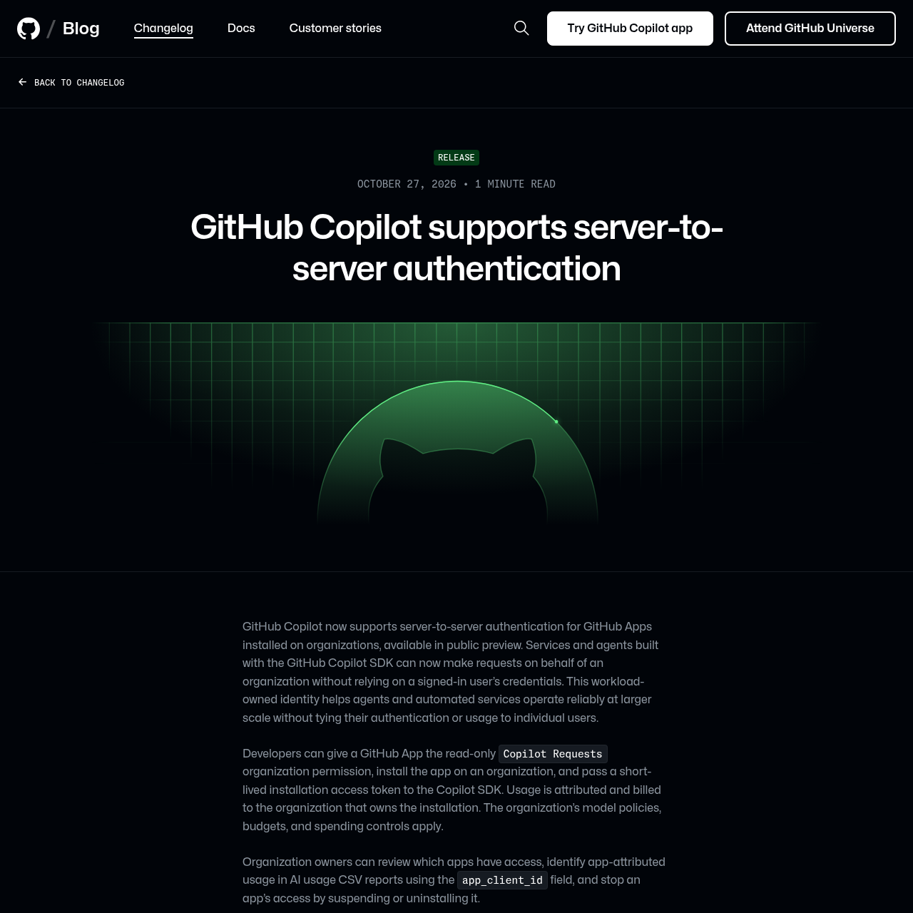 Página do changelog do GitHub anuncia o suporte à autenticação servidor a servidor para GitHub Apps usados pelo Copilot, com detalhes sobre permissões, tokens e atribuição de uso por organização
